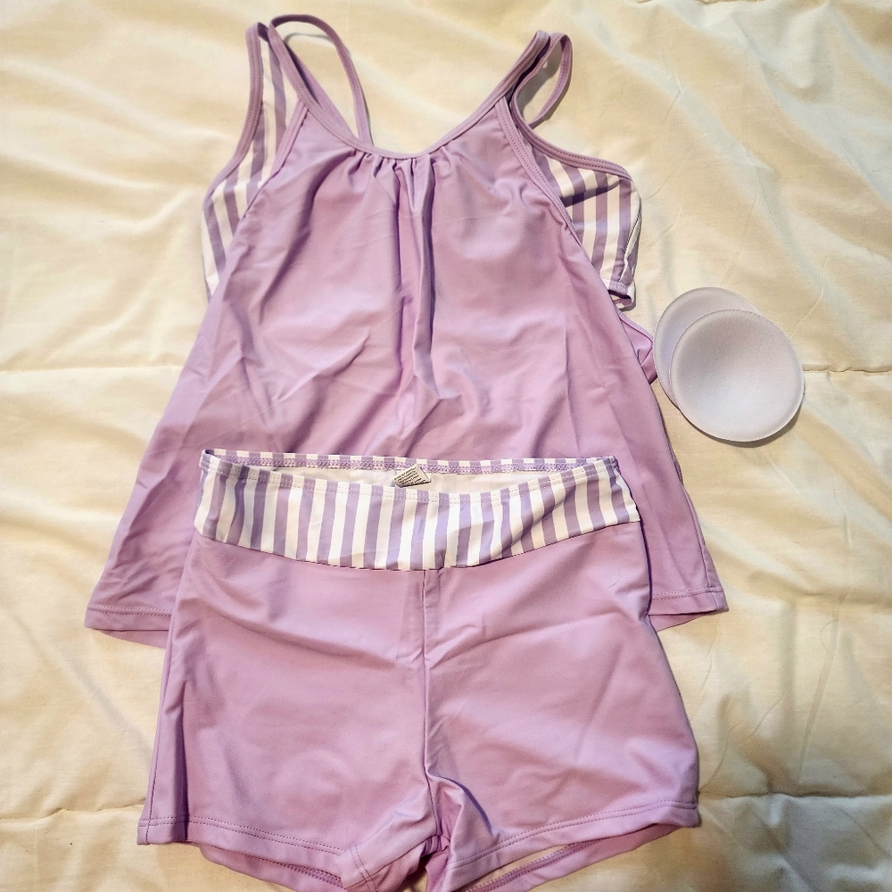 KANGKANG Girls Tankini Swimsuit Solid Color Striped 2 Piece - Size 11-12 NWT